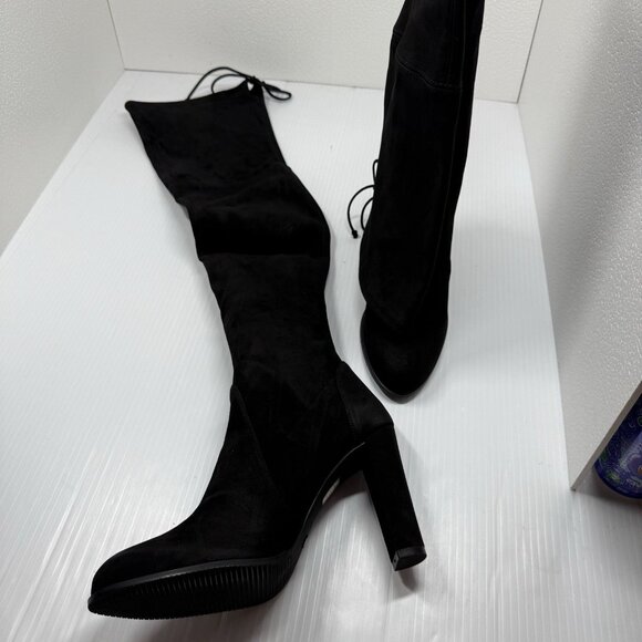 Stuart Weitzman Highland Black Suede Over Knee Boots 9B US 39.5 Tie Back Heel - Picture 6 of 13
